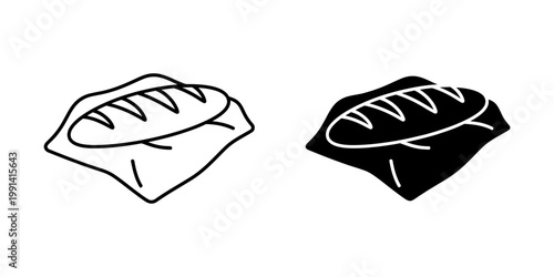 Artisanal baguette bread on paper wrapper vector illustration isolated on white background showing linear and solid black versions for bakery menu decoration and sandwich shop branding ideas.