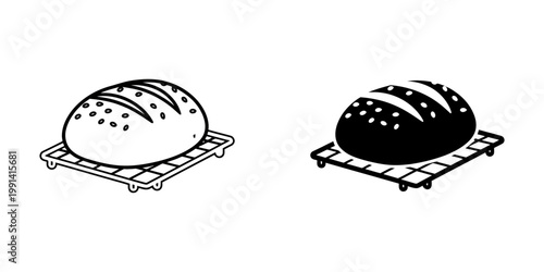 Rustic round sourdough bread loaf icon linear and silhouette style vector illustration isolated on white background fresh bakery products element for cafe menu design healthy wheat grain artisan food.