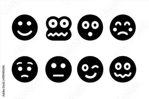 Goofy Icons Collection. Goofy Reaction Faces. Filled icon set of Goofy Reaction Faces: crooked smile face,