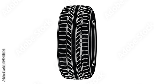 A black and white illustration of a car tire with tread pattern