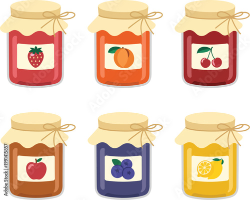 Glass jars with fruit or berry jam vector illustrations set, cartoon drawings of cute jars filled with colorful marmalade, isolated on white background, representing food, dessert