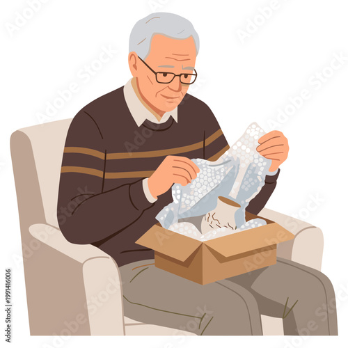 An elderly man sits on a chair and opens a cardboard box containing clothing.
