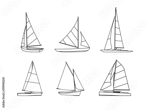 sailboat single hull sail open. sailboat line art vector set