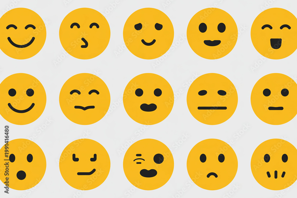 Fototapeta premium A collection of various yellow emojis with different facial expressions on a white background