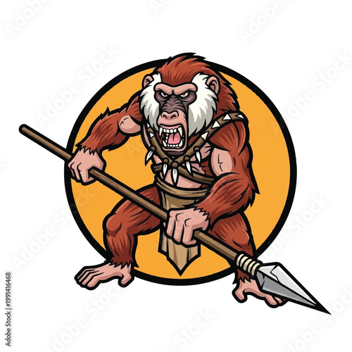 Fierce Primate Warrior Holding a Spear Ready for Battle.