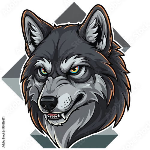 Fierce Wolf Head Illustration with Intense Eyes.