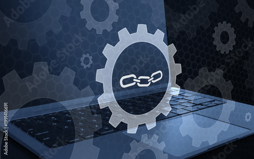 Billede på lærred 3D rendering of a laptop keyboard with a floating gear icon and a link chain symbol, representing digital settings, software configuration, and technical connectivity