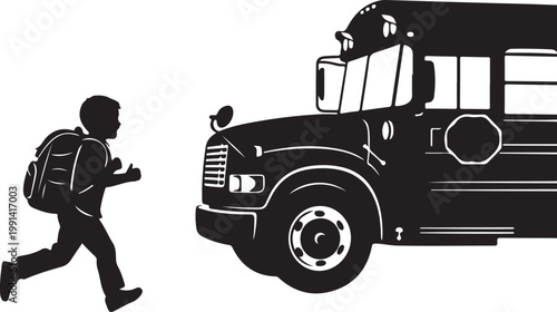 School bus, kid running, backpack, silhouette, vector, black and white, transportation, education