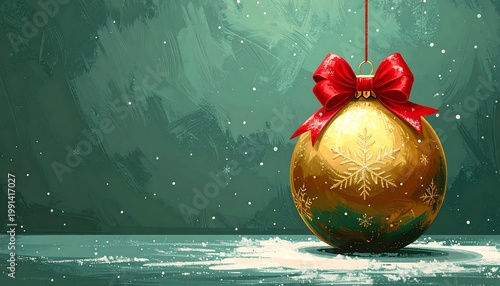 A golden holiday ornament with a red bow hangs against a textured teal background, with subtle falling snow. The scene is illuminated by light