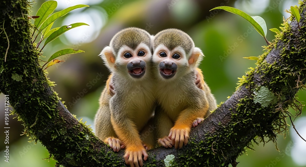 Obraz premium Two squirrel monkeys embracing on a tree branch in natural environment