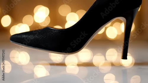 Elegant Black High Heel Shoe Walking on White Surface with Bokeh Lights