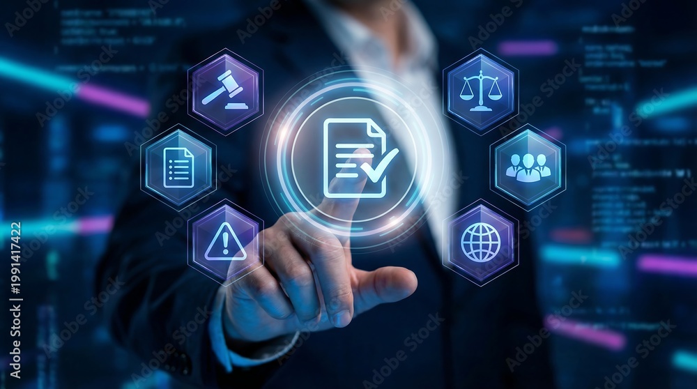 Fototapeta premium Executive professional interacting with digital legal document verification and justice system interface for law firm management and corporate governance compliance