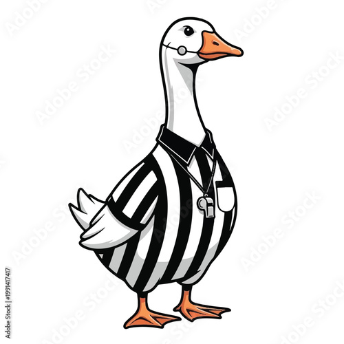 Goose dressed as a sports referee with whistle and striped shirt.