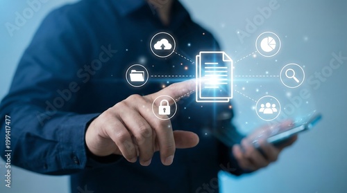 Businessman using mobile device to access secure document cloud storage and data management interface for business enterprise content organization and digital workflow