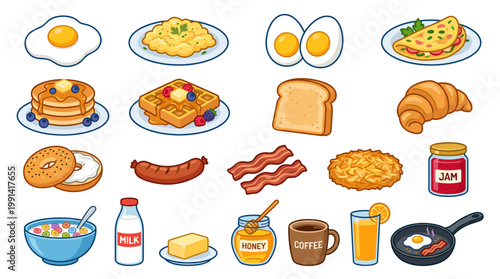 Colorful breakfast vector icon set with fried egg, omelet, boiled eggs, pancakes, toast, croissant, bacon, cereal, milk, jam, coffee and frying pan