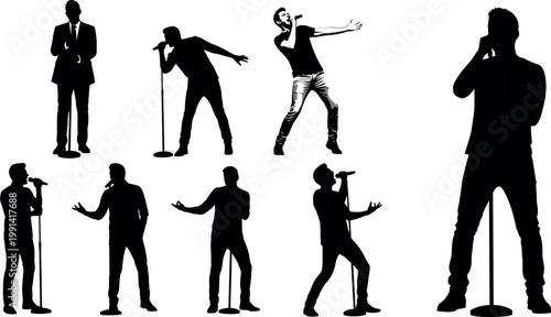 Male singer silhouettes vector set with microphone performance poses music concert artists black shadow character collection