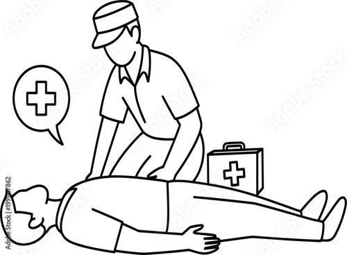 First aid emergency response illustration with rescuer performing medical assistance to unconscious person line art vector