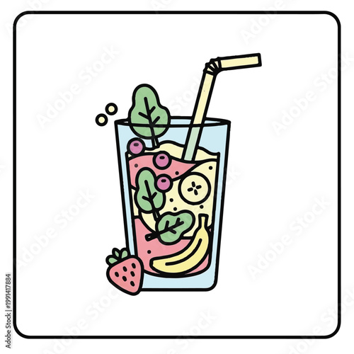 Healthy Fruit Smoothie Drink with Straw and Ingredients.