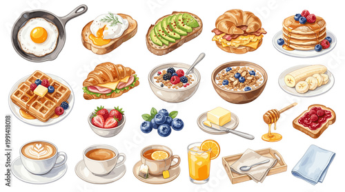 Colorful breakfast food vector icon set with fried egg, toast, avocado, pancakes, waffles, croissant, cereal, coffee, juice, honey and berries