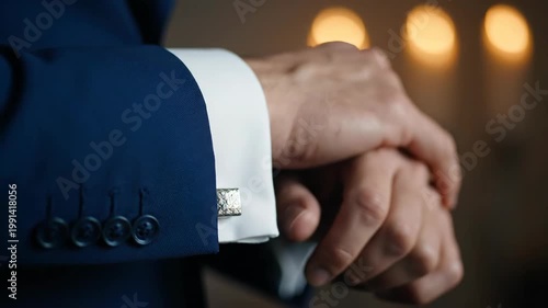 Elegant man in suit jacket adjusting metallic cufflinks on white shirt
