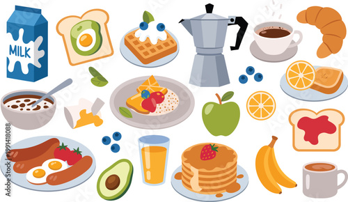 Hand drawn breakfast illustration with coffee, fried egg, croissant, milk, cereal, bacons, sausages, citrus juice, avocado, tomato, pancakes. Healthy tasty food and drinks. Vector flat illustration
