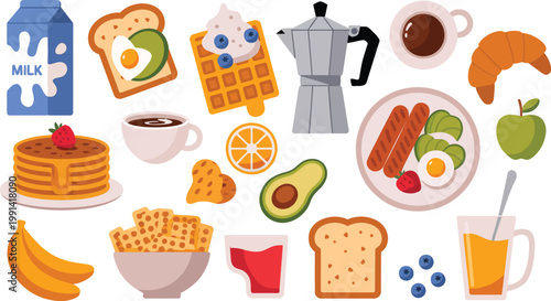 Hand drawn breakfast illustration with coffee, fried egg, croissant, milk, cereal, bacons, sausages, citrus juice, avocado, tomato, pancakes. Healthy tasty food and drinks. Vector flat illustration