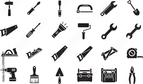 Cad drawing flat vector illustration icons set featuring hammer screwdriver saw wrench pliers drill toolbox and construction equipment for home repair renovation maintenance.