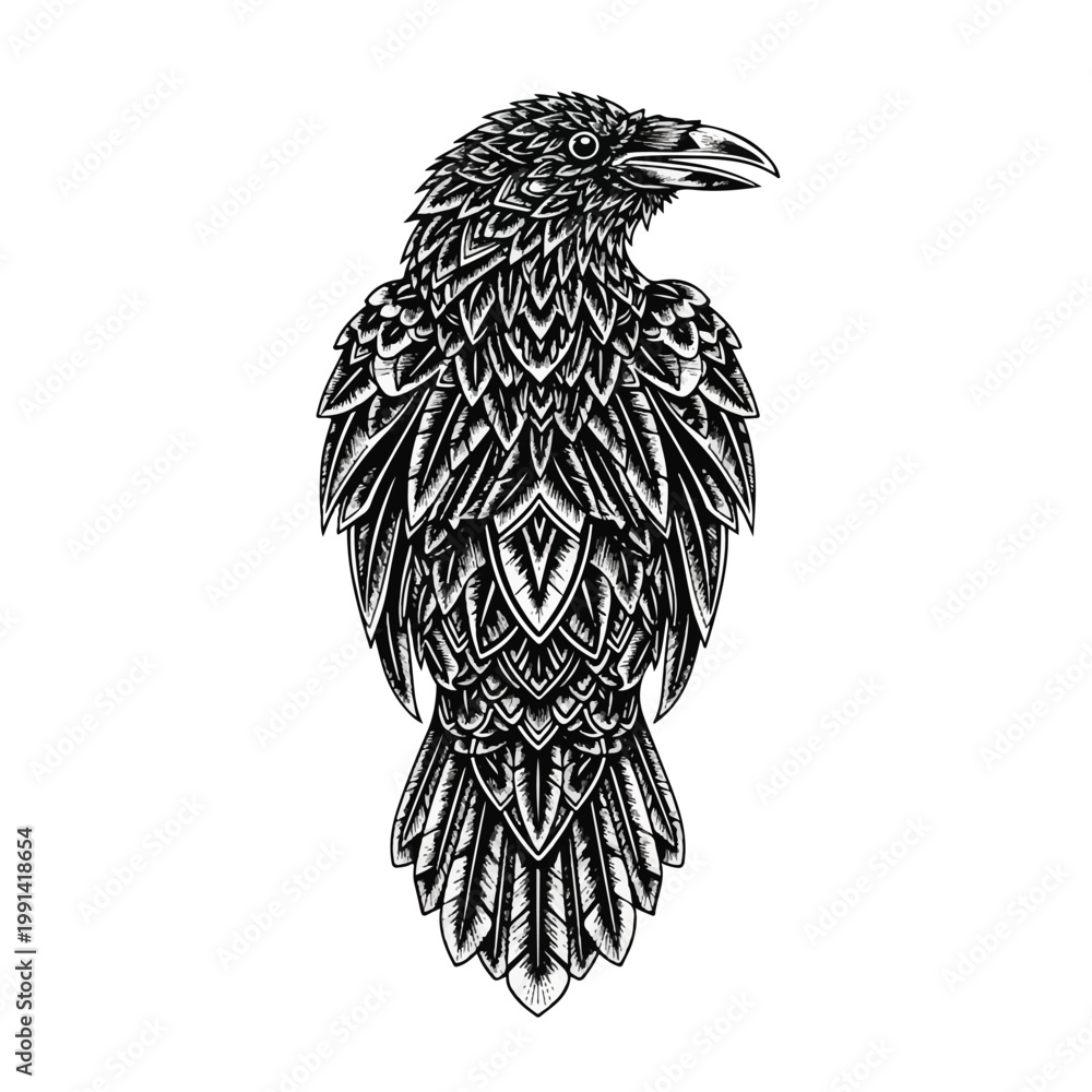 Naklejka premium Intricate Black and White Raven Illustration Detailed Feathers.