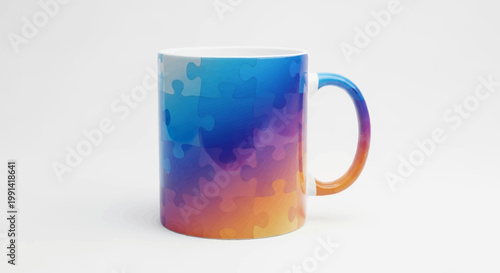A colorful puzzle mug sits on a white surface in a lifestyle setting indoors.