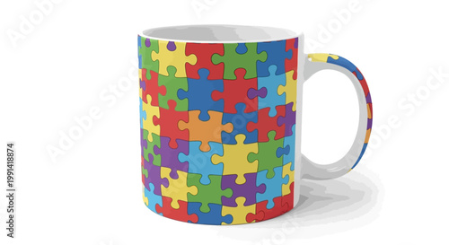 A colorful puzzle piece design adorns a white ceramic coffee mug on a plain white surface