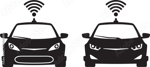 Autonomous smart car vector illustration featuring black silhouette vehicle with wifi signal connection icon in minimalist flat cad drawing style for technology.