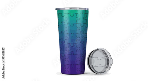 A colorful insulated tumbler with a lid sits on a white surface indoors.