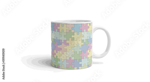 A colorful puzzle piece design on a white mug sits on a plain background.