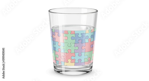 A short glass showcases a colorful puzzle design on its side.