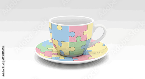 A colorful puzzle-piece decorated teacup and saucer sit on a table