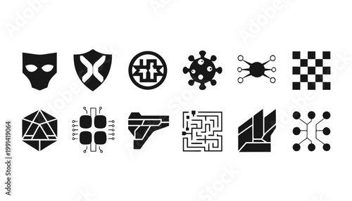 Cybersecurity protection icons and digital shield symbols for data privacy and network safety.
Flat vector graphics representing computer virus defense, encryption, and secure information protocols.