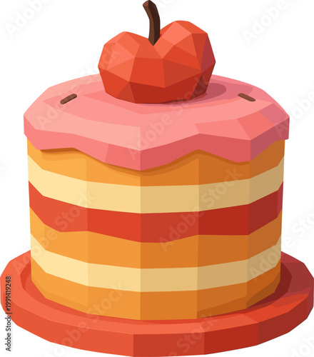 Stylized 3D Low Poly Layered Cake with Pink Frosting and Red Fruit Topping, Colorful Bakery Dessert Illustration, Video Games, UI Icons, Minimalist Food Asset Design Isolated on Transparent, Sticker
