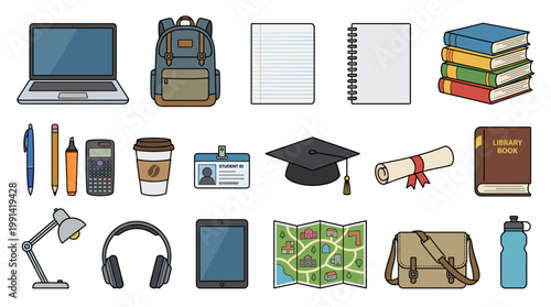 Student study vector icon set with laptop, backpack, notebooks, books, pens, coffee, ID card, graduation cap, diploma, headphones and campus items