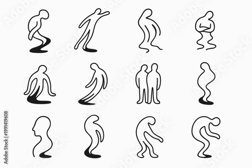 Abstract Shadow Figures. Shadows twisting into figures. Line outline icon set of Shadows twisting into figures