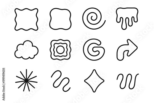 70s Groovy Icon Set. 70s groovy shapes. Line outline icon set of 70s groovy shapes: wavy rectangle, rounded