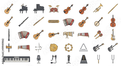 Collection of various musical instruments in a flat illustration style.