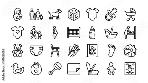 Set of doodle icons for baby and family life with car seat childcare illustration collection pacifier stroller footprint childhood domestic lifestyle
