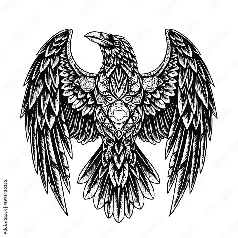 Naklejka premium Intricate Raven Illustration with Geometric Patterns.