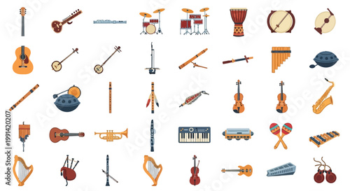 A vibrant collection of diverse musical instruments on a clean white background.