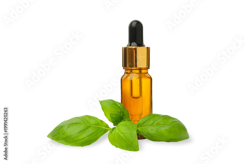 Konstfotografi Basil leaves with an essential oil dropper bottle, PNG
