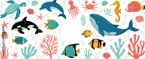 Hand drawn sea animals set, wild marine life illustration featuring seashells, fish, seaweed, and corals, including whale, octopus, crab, seahorse, dolphin, killer whale, turtle, squid, and cachalot, 