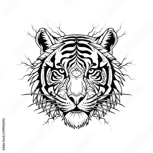 Intricate Tiger Head Illustration with Abstract Elements.