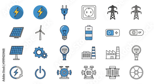 Set of icons for energy and electricity, modern technology.