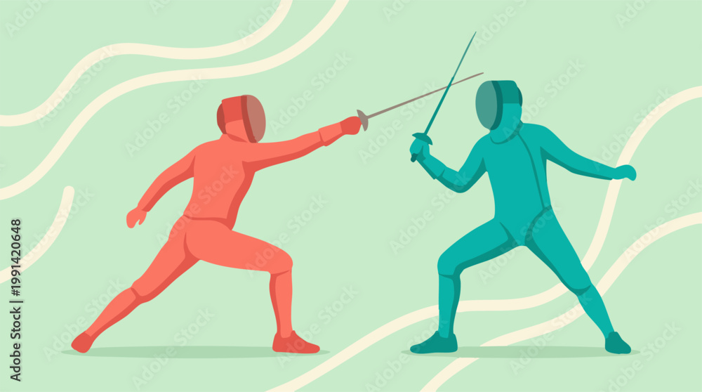 Fototapeta premium Two fencers in red and teal suits engaged in an intense fencing duel illustration