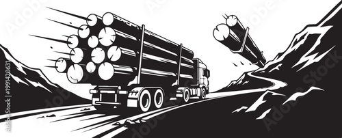 Log Truck, Timber Transport, Forestry Vector, Mountain Road, Black and White Illustration